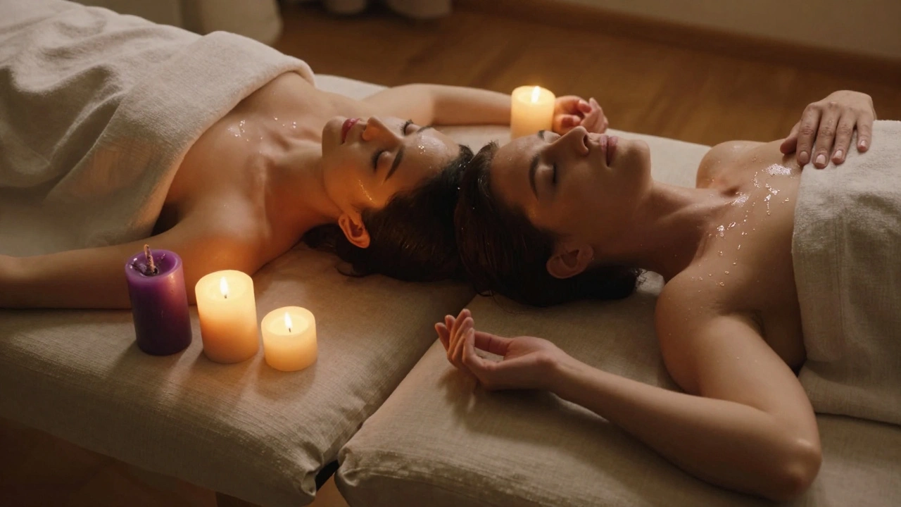 Couple relaxing side by side with melting candles beside them, eyes closed, in peaceful stillness.