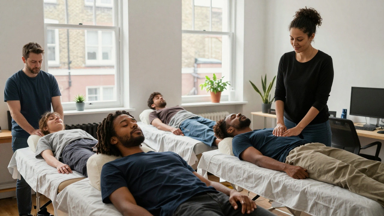 Diverse East London residents enjoying massage therapy in studios, homes, and workplaces after long workdays.