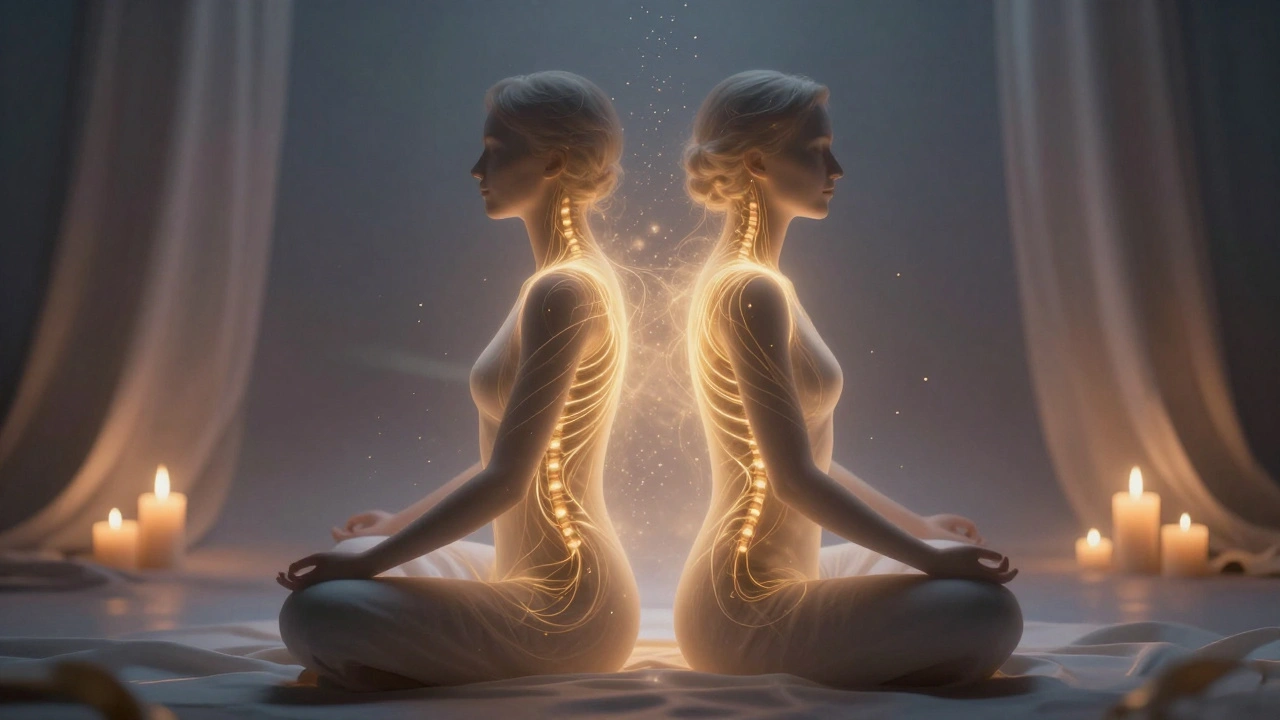 Ethereal golden energy threads connecting two meditating figures in silent unity.