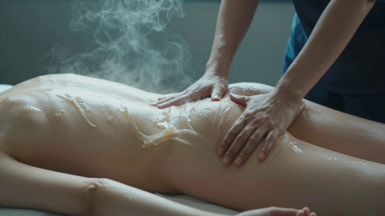 Fluid motion of therapist and client in Nuru-style massage with translucent gel and soft steam.