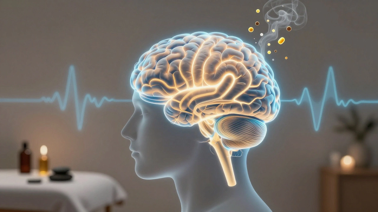 Glowing brain showing neural pathways activated by touch, cortisol dissolving, serotonin rising.