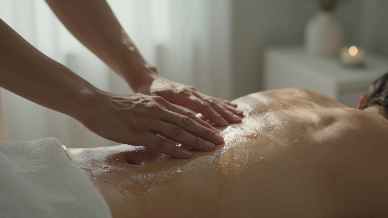 Hands gently massaging oiled skin with soft sunlight and candle reflections, no faces visible.