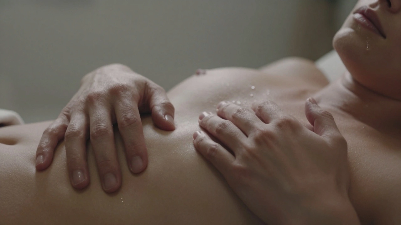 Hands resting gently on a person&#039;s chest and abdomen, oil glistening, tear on temple, quiet moment of release.