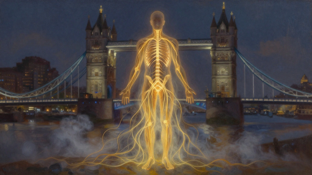 Human silhouette glowing with golden energy rising from feet, tension dissolving into mist against London Bridge skyline.
