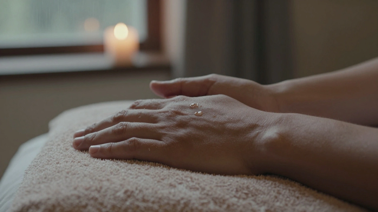 Interlocked hands resting on a towel, oil glistening on skin in quiet, intimate setting.