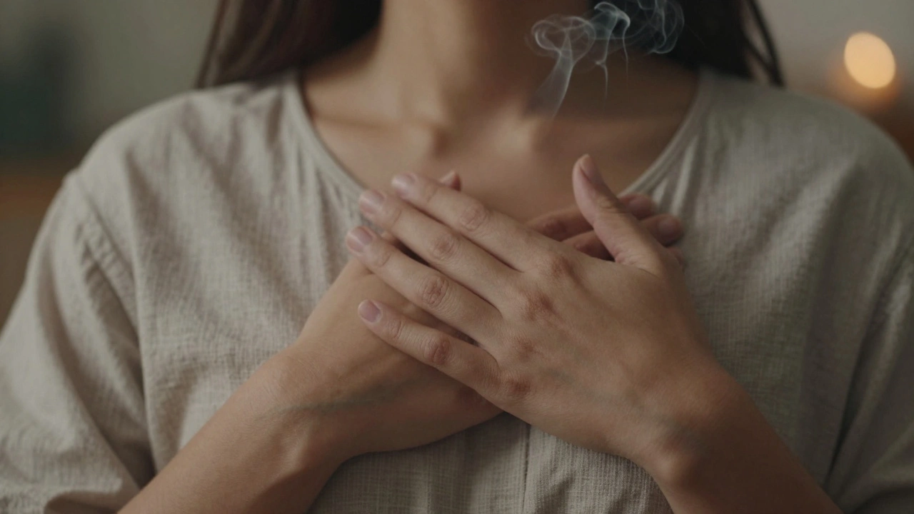 Interlocked hands resting on each other&#039;s hearts, radiating calm and emotional connection.