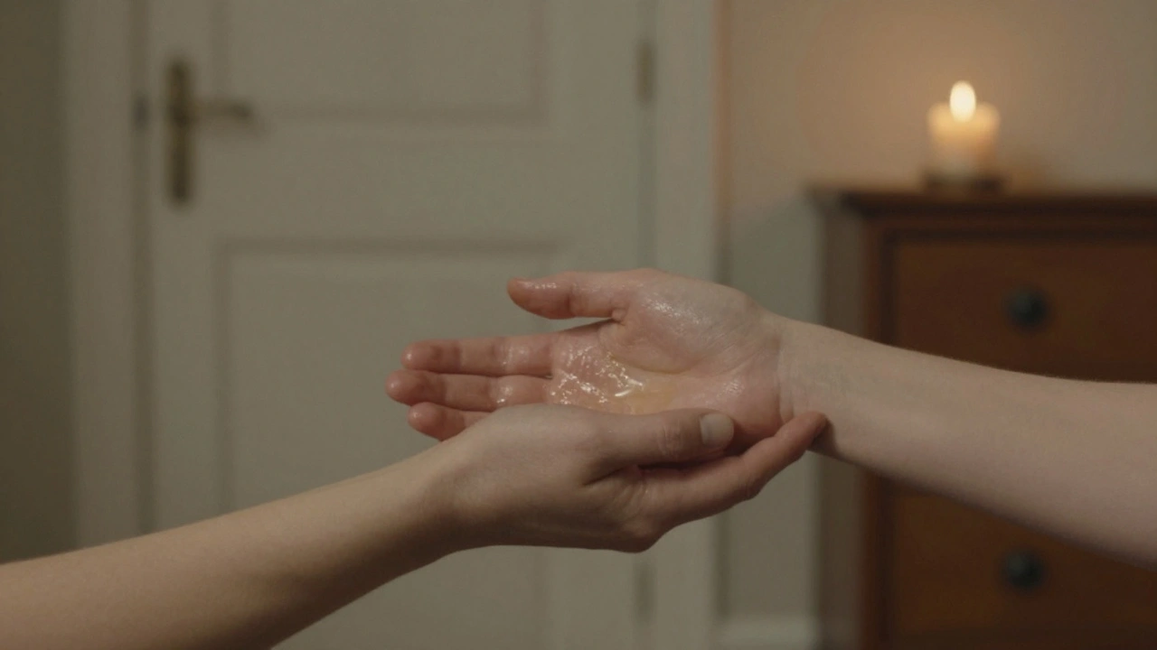 Intertwined hands resting on a forearm, oil glistening softly, no faces visible, only quiet connection.
