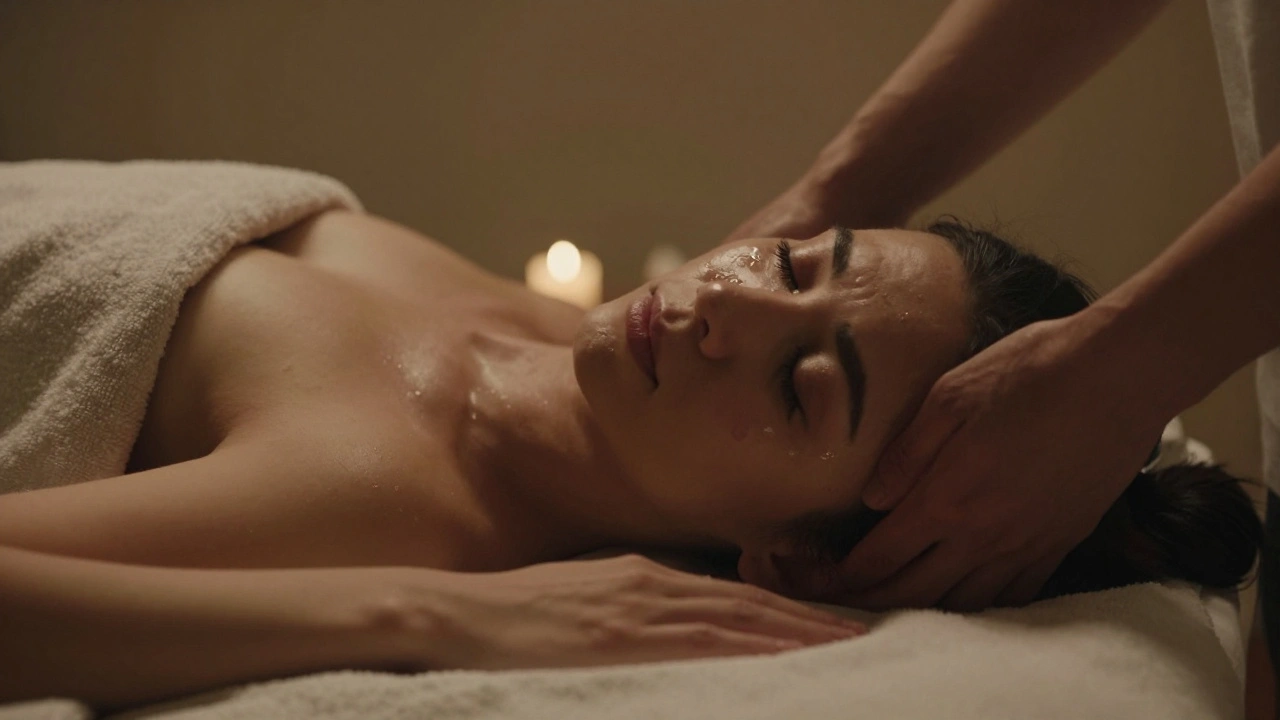 Person waking after massage with tears, peaceful expression, warm dim room, emotional release.