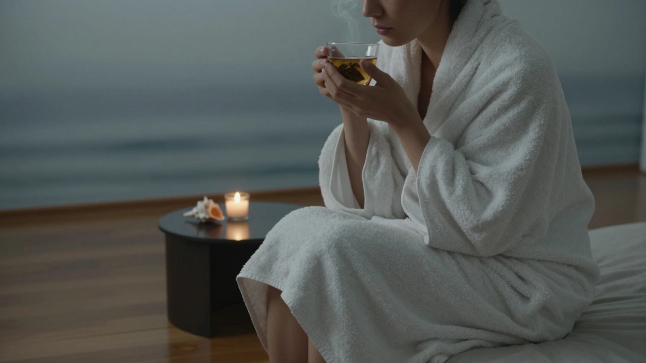 Person wrapped in a towel sipping tea in peaceful aftercare, candlelight and seashell nearby.