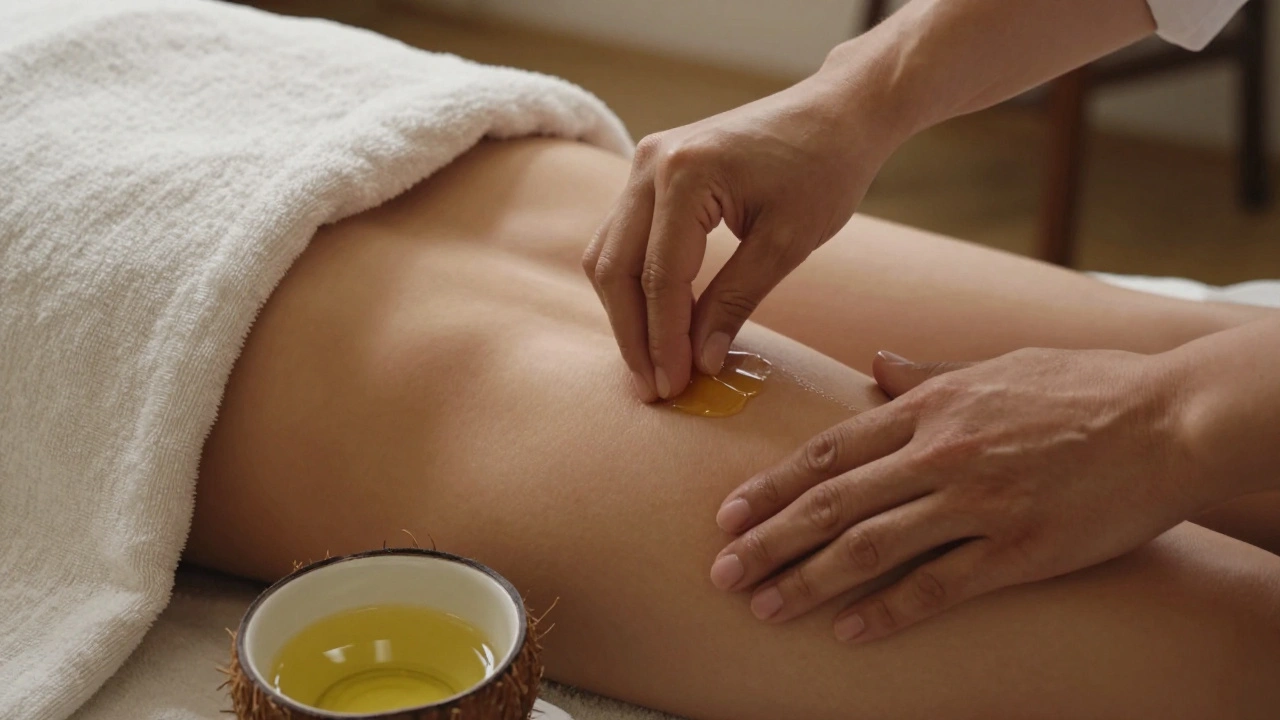 Practitioner's hands gently applying warm oil to a woman's inner thigh in a serene, private setting.