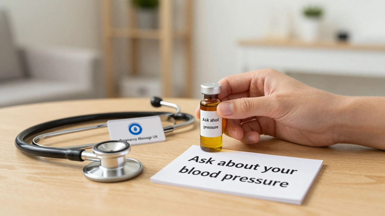 Prenatal massage essentials: organic oil, certification badge, and safety note on wooden table.