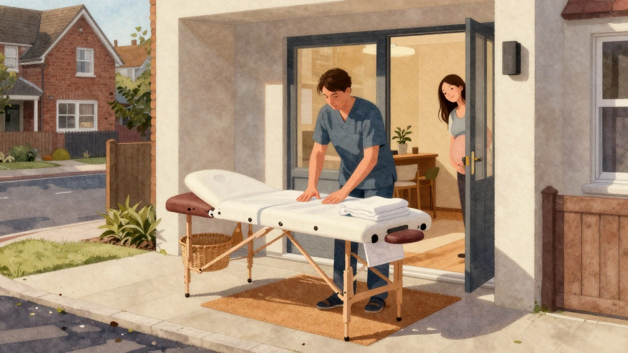 Prenatal massage therapist arriving at a UK home with portable table and linens in the evening light.