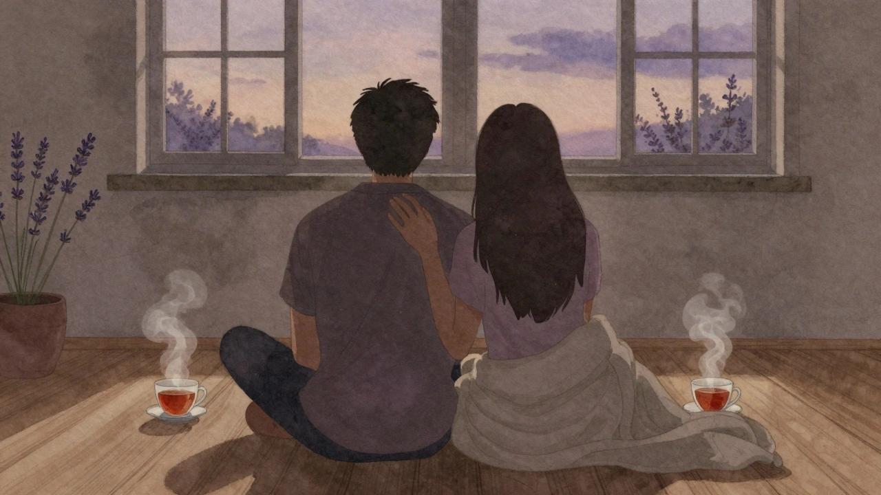 Silhouettes sitting back-to-back, one hand on spine, sharing calm silence at dusk.