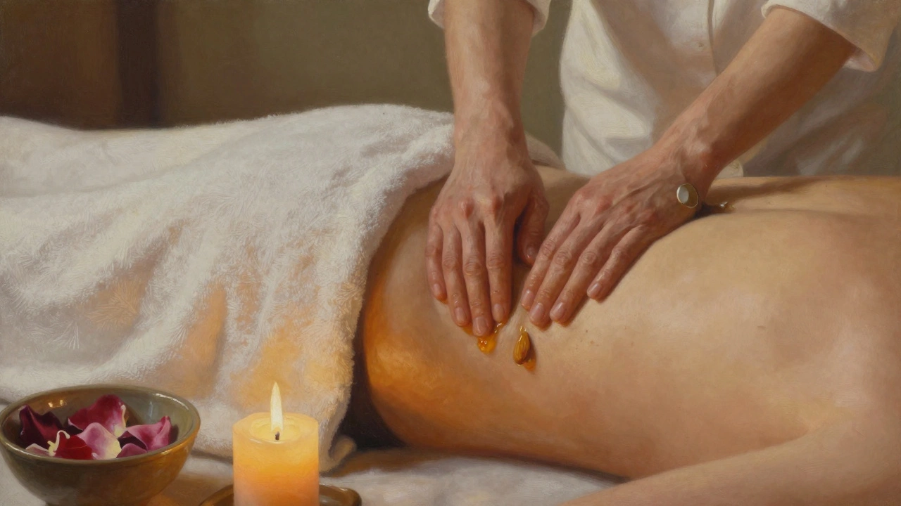 Therapist's hands applying slow, intentional strokes with oil to a draped groin area, surrounded by candles and natural elements in a serene setting.