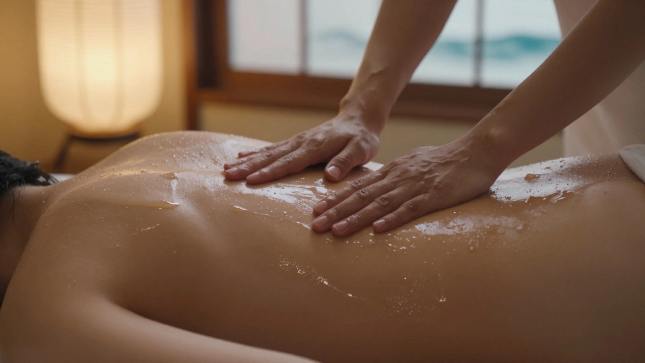 Therapist and client in gentle skin-to-skin glide, covered in glossy gel, under soft ambient light.