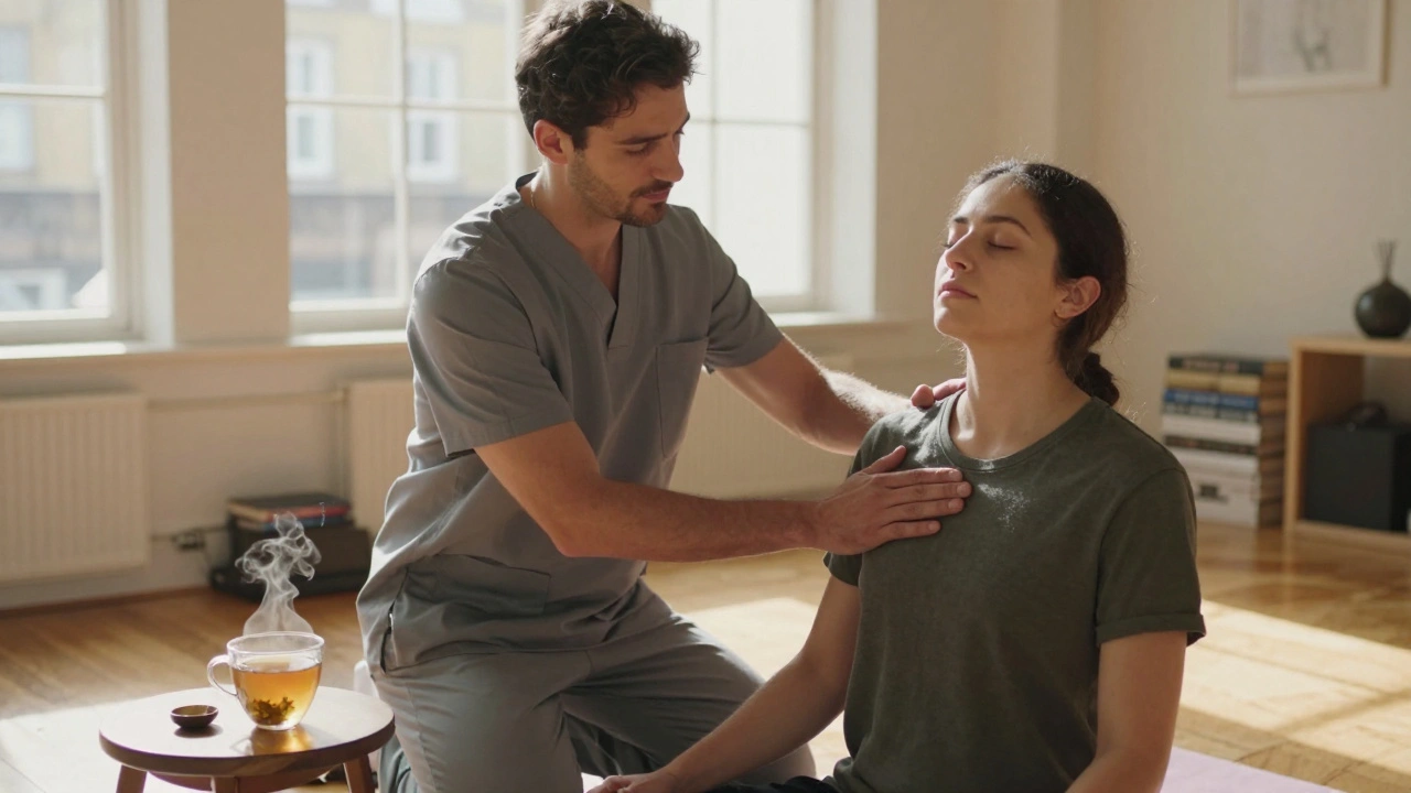 Therapist guiding a client's breath during a deep tissue session in a sunlit Brighton wellness studio.