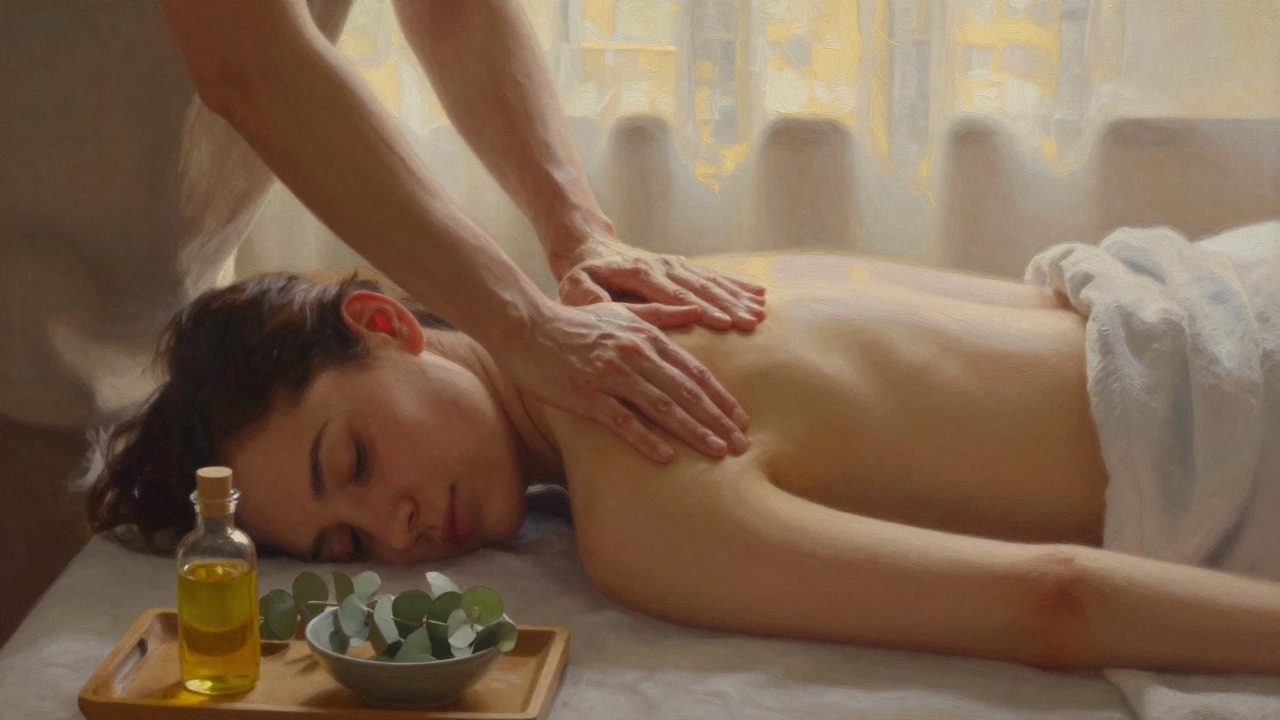 Therapist performing kneading strokes on a client's shoulder during a relaxing Swedish massage session.