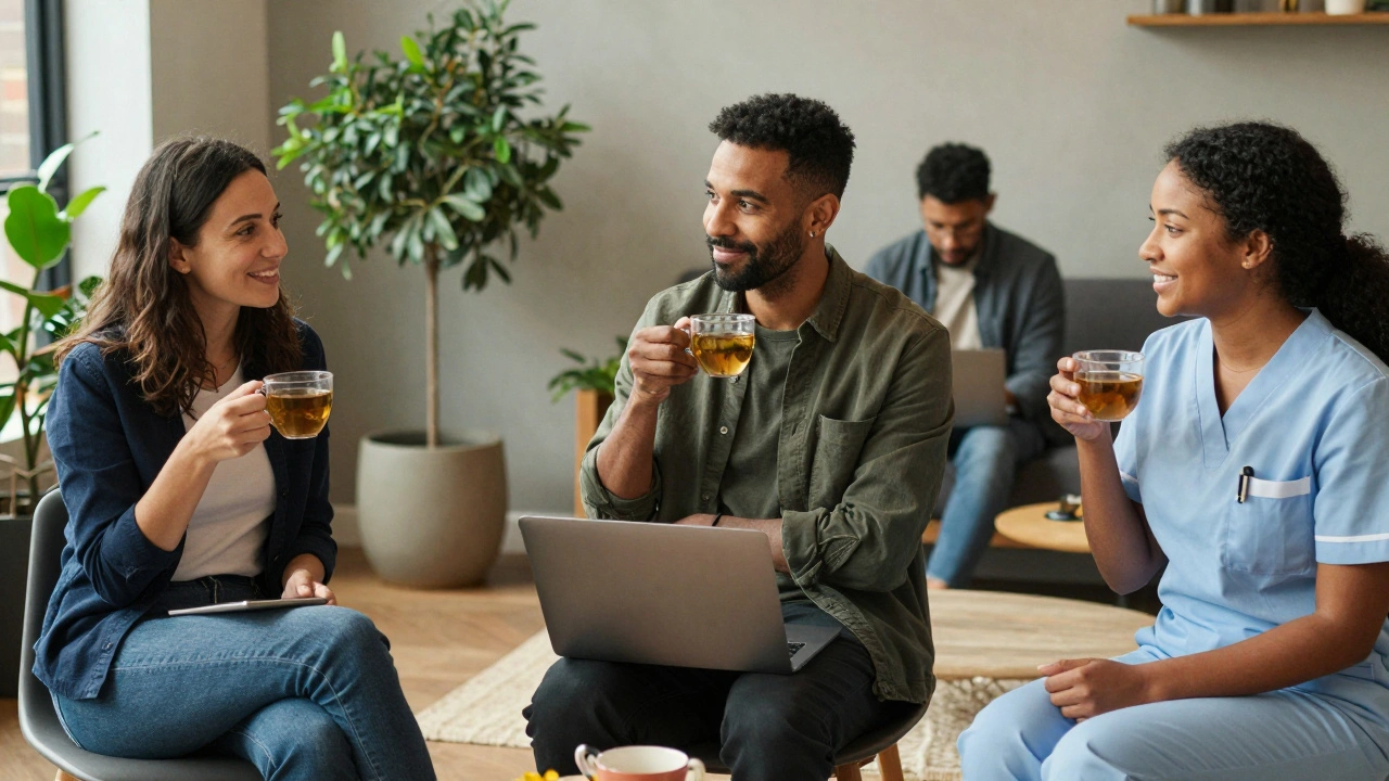 Three Londoners relaxing with tea after massage sessions, smiling in a calm, plant-filled waiting area.