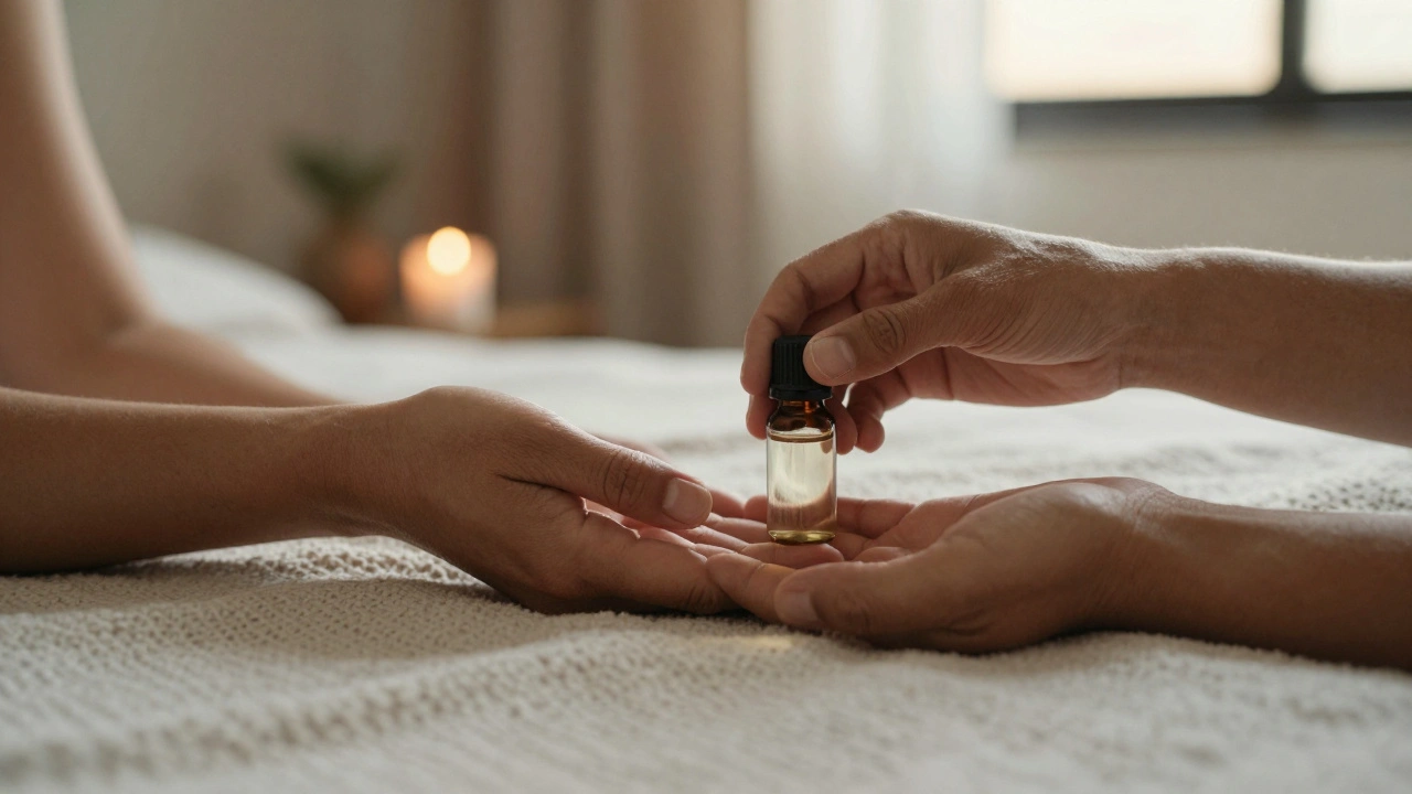 Two hands exchanging warm oil, one open and receptive, in a quiet, softly lit room.