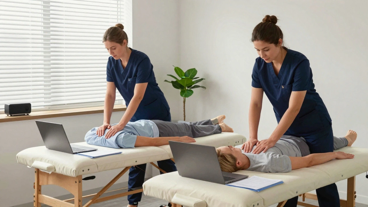 Two therapists giving simultaneous massages to a couple in a London office during lunch break.
