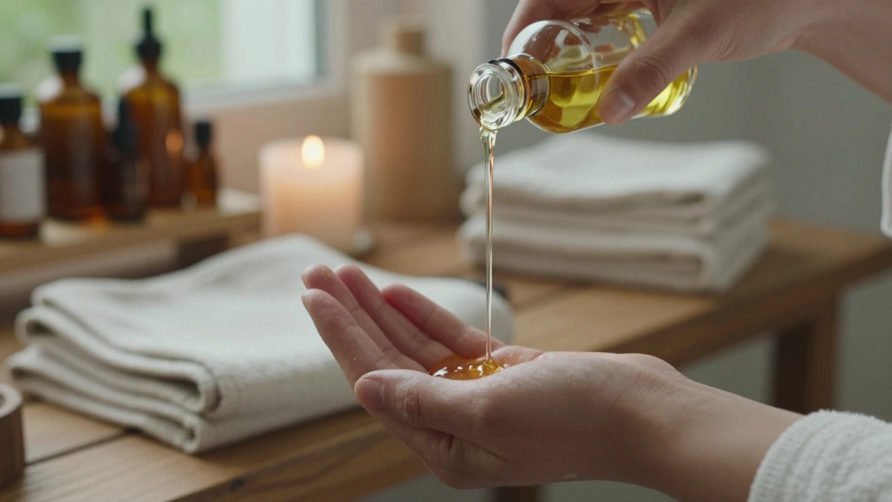 Warm oil being poured slowly into cupped hands, with natural oils and candles in the background.