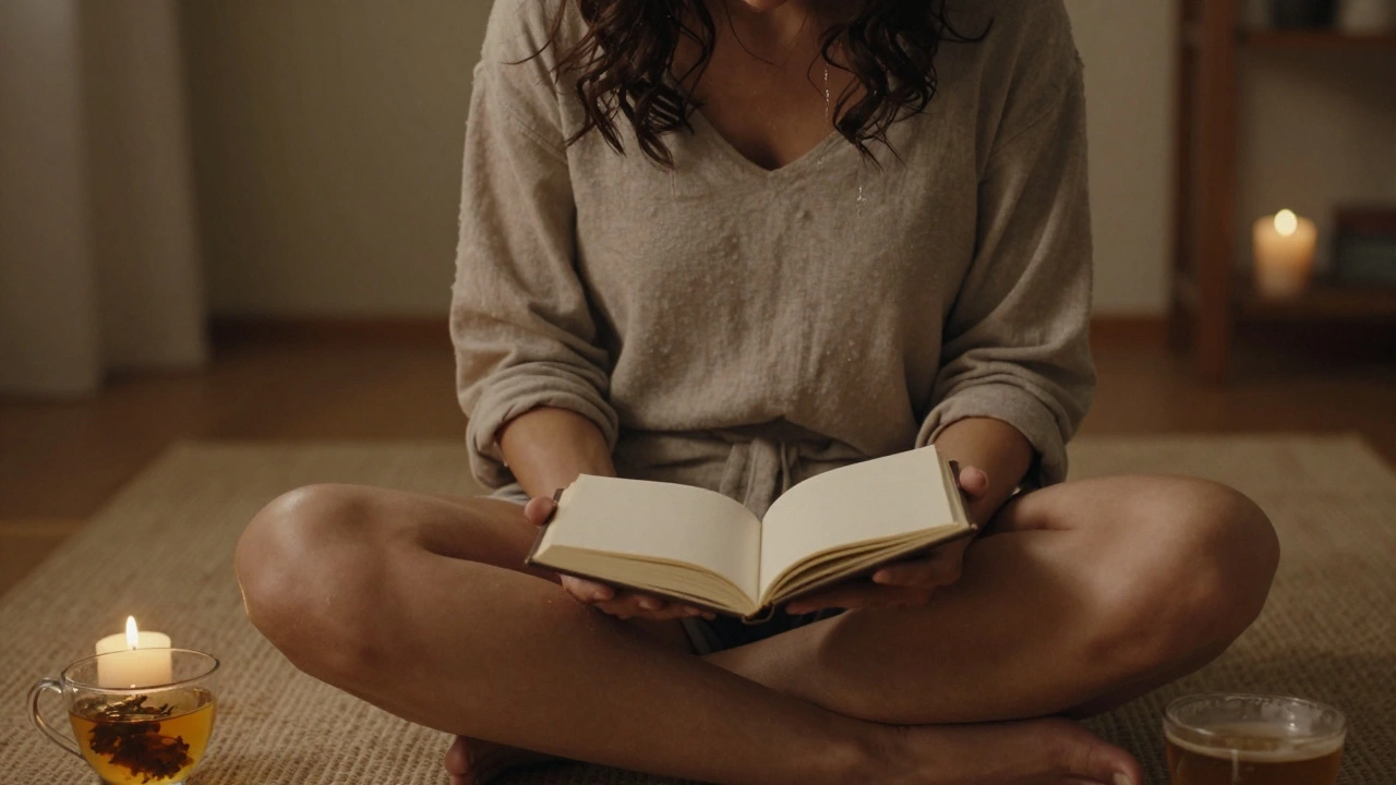 Woman sitting quietly in candlelight after a session, tears falling as she holds an open journal.