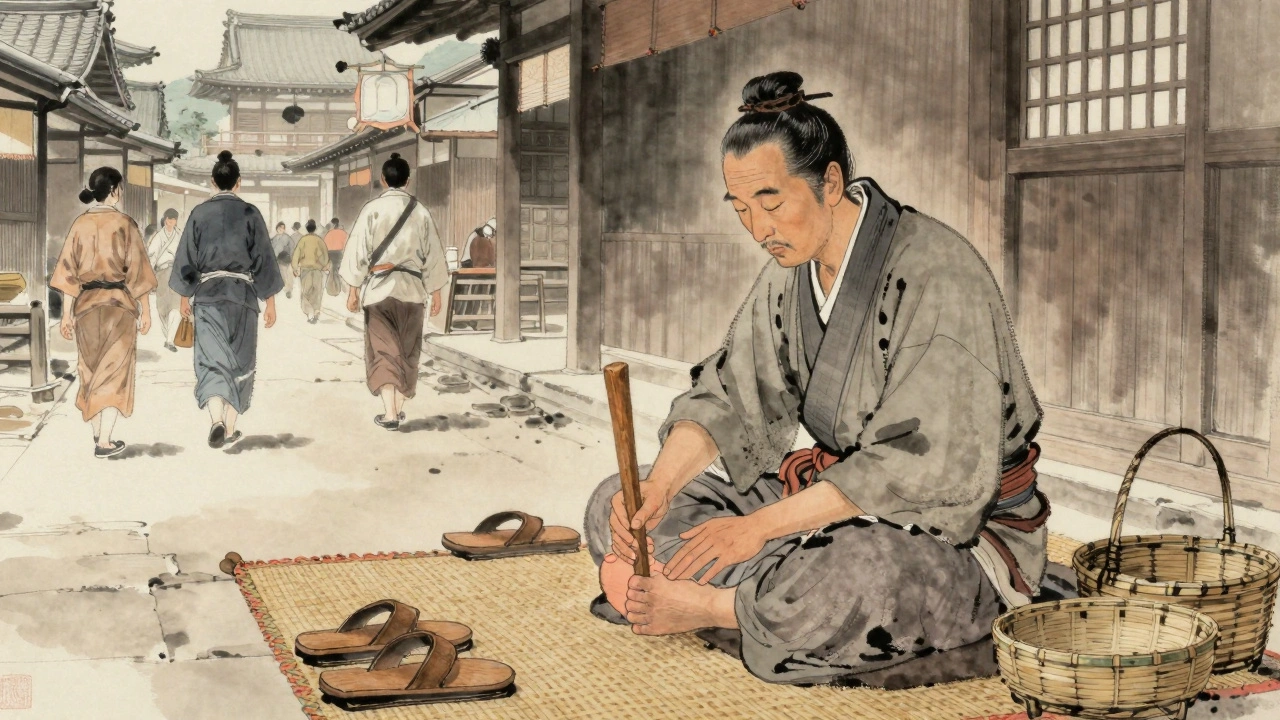 A Japanese Amma practitioner applying pressure to a traveler's feet on a temple street, traditional tools in view.