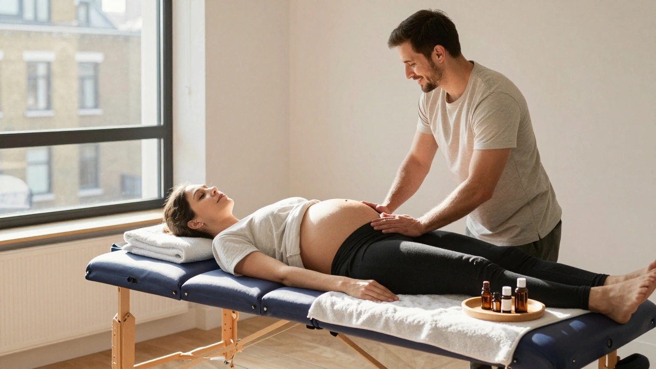 A mobile prenatal massage session in a home setting, with the mother relaxed and her partner nearby in a peaceful atmosphere.