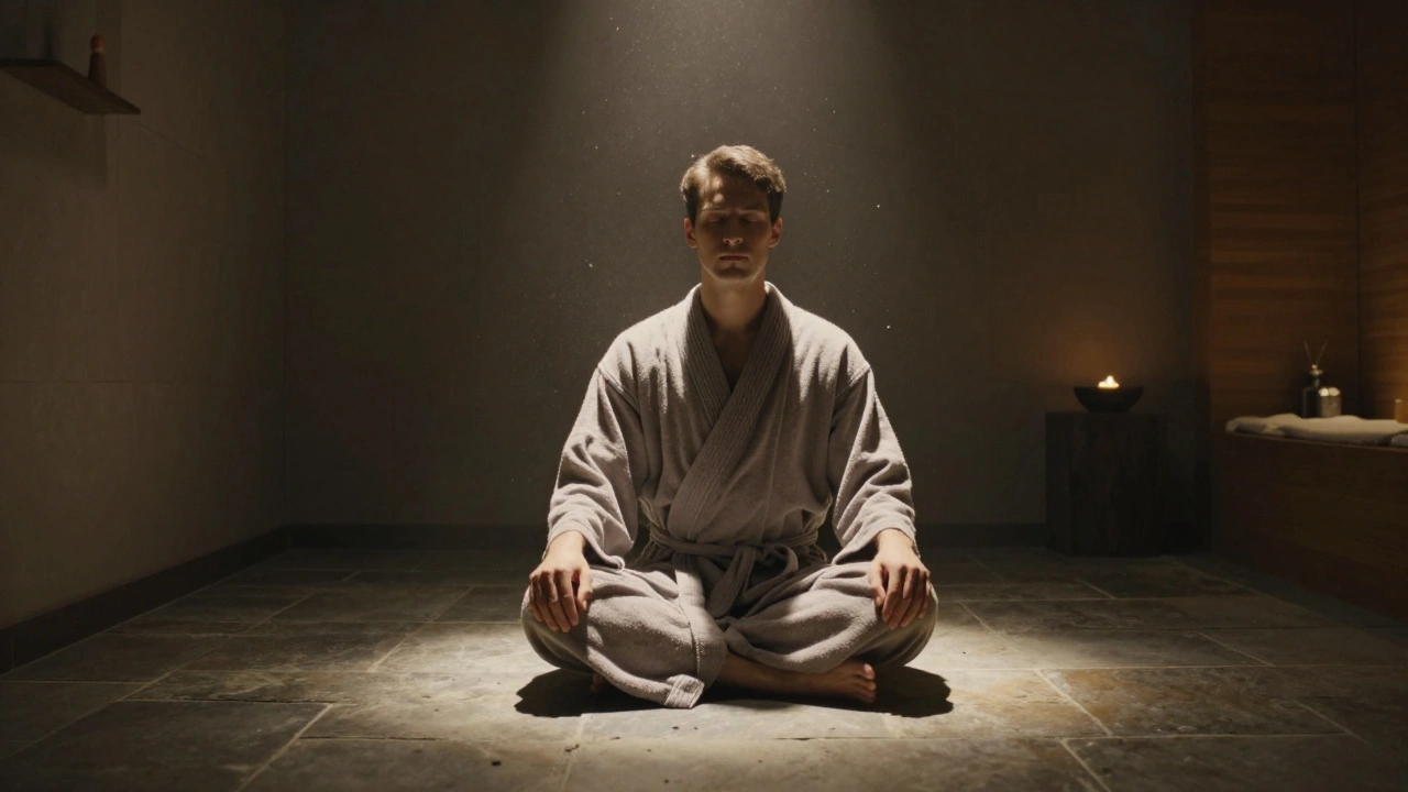 A person in a robe sitting peacefully in a dim spa room, bathed in a single beam of light, symbolizing inner stillness and renewal.
