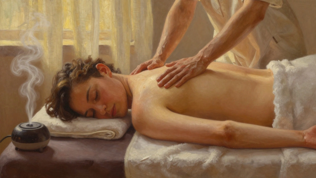 A person relaxed on a heated massage table, wrapped in linen, as a therapist provides gentle full-body contact.
