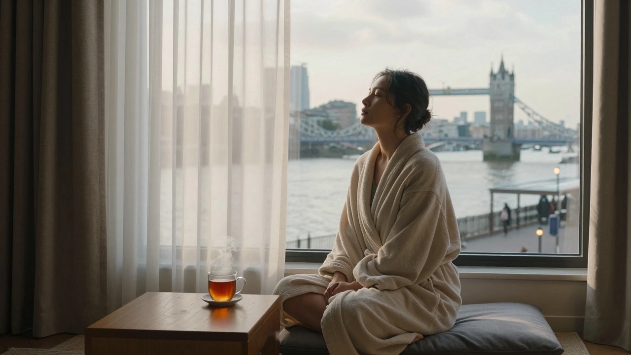A person sitting peacefully after a session, wrapped in a robe, bathed in soft morning light.