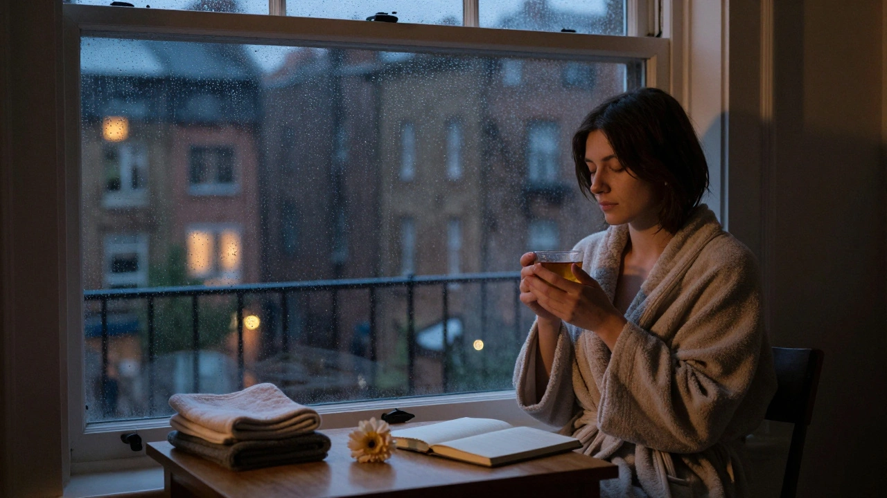 A person sitting quietly by a rainy window after a session, holding tea in a serene North London studio.