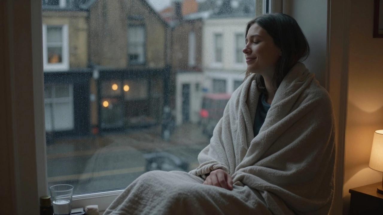 A person wrapped in a blanket, gazing out a rainy window after a massage, eyes closed in deep calm.