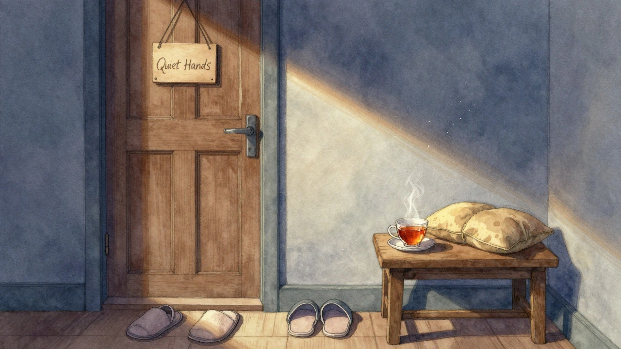 A quiet massage studio door in Brighton with slippers and tea outside, bathed in golden afternoon light.