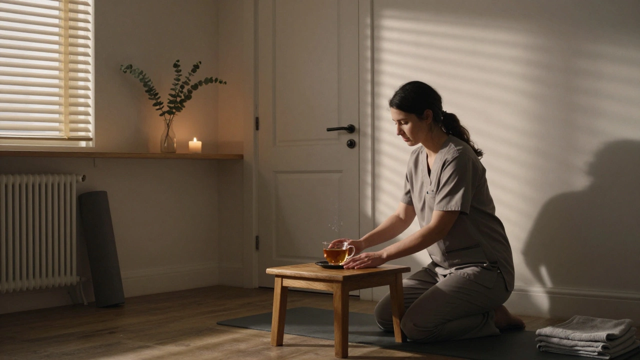 A quiet wellness studio in Brighton with herbal tea, a candle, and sunlight streaming through blinds.