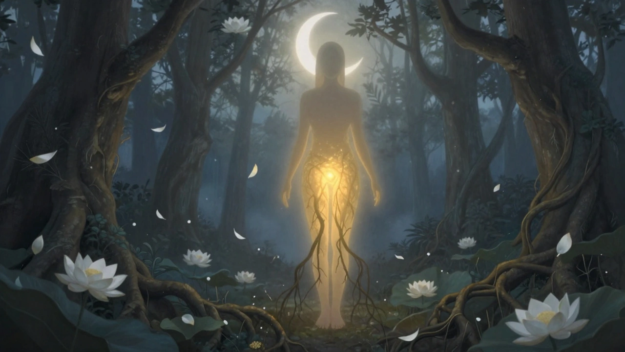 A silhouette of a woman stands in a forest at dawn, glowing light rising from her body as lotus petals float upward.