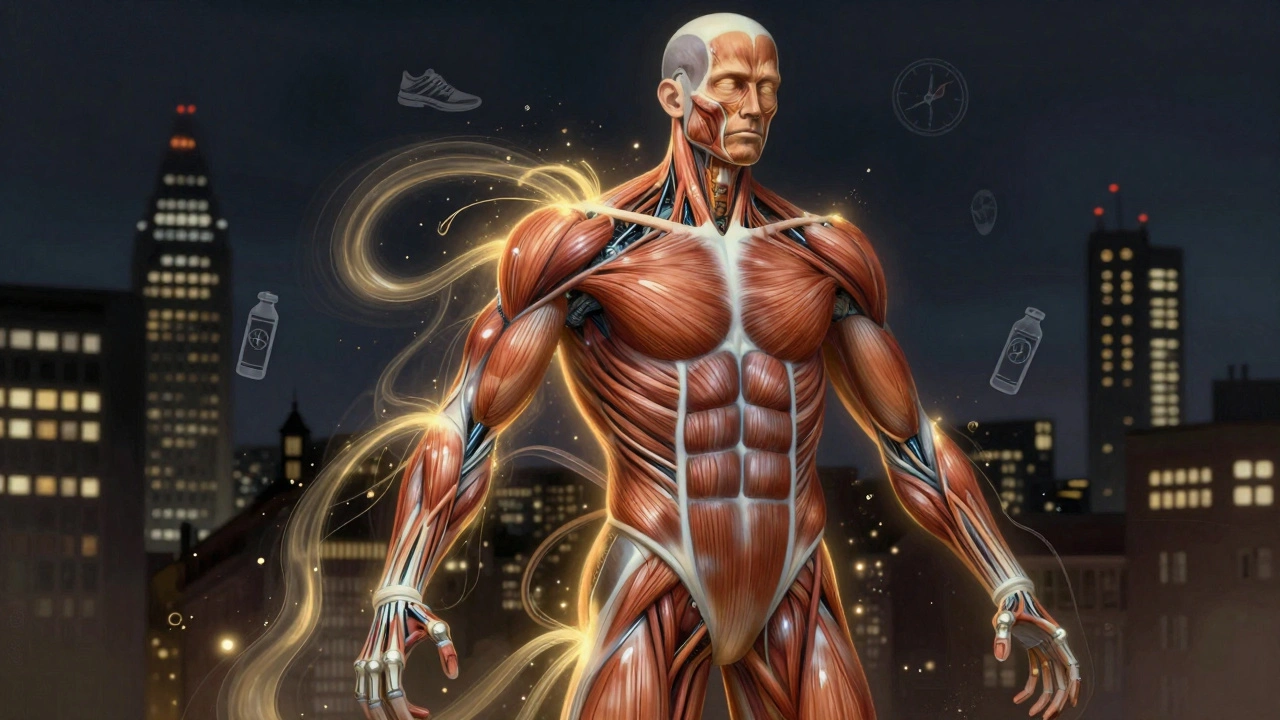 A stylized human body as a mechanical engine, with glowing muscles and flowing lactic acid being cleared by golden light against a London night skyline.