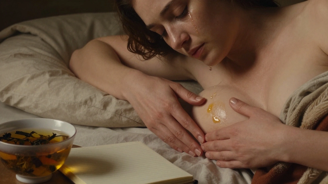 A woman gently touches her abdomen in sunlight, tears on her cheeks, surrounded by tea and a journal.