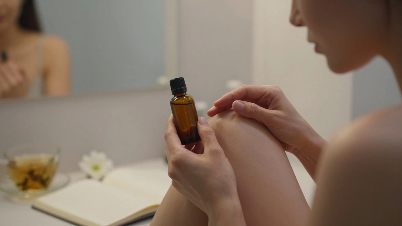 A woman practicing self-yoni massage at dawn, touching her body with tenderness.