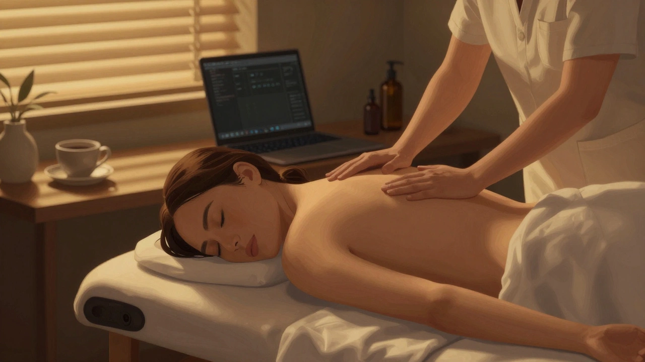 A woman relaxes during a massage in her home office, golden light streaming in as stress melts away.