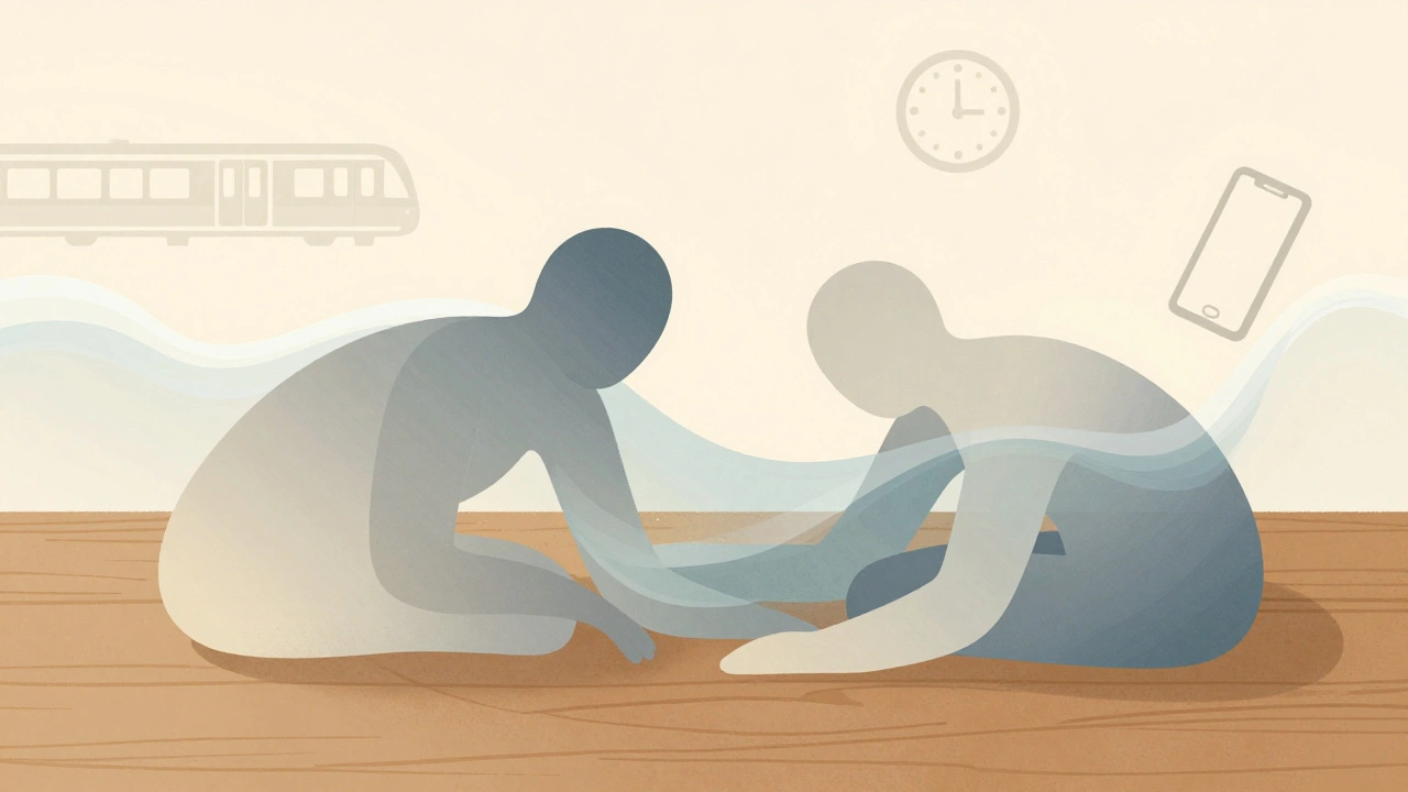 Abstract forms in soft pastels representing body-to-body contact, with urban stress symbols fading into calming waves.