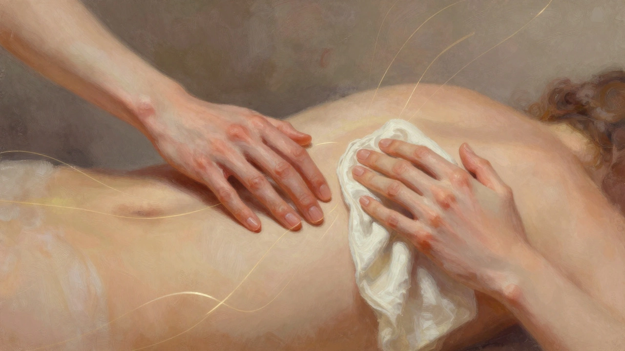 Abstract hands with golden energy lines flowing over a body, symbolizing emotional release through touch.