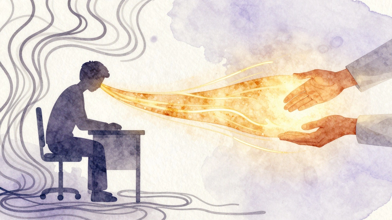 Abstract image of stress dissolving into warm golden light as a therapist's hands bring calm to a tired person.