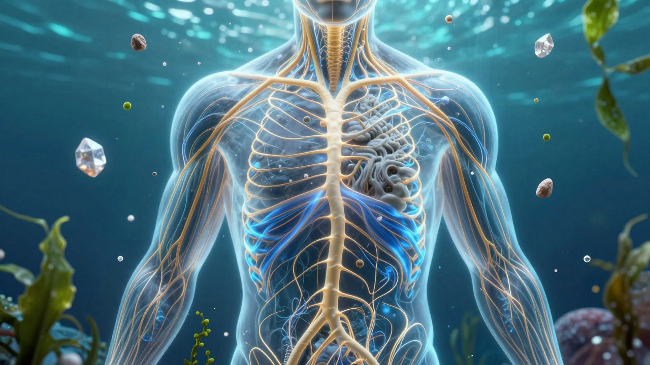 Abstract representation of the vagus nerve activated by nuru massage, with glowing energy waves and seaweed minerals floating around a human form.