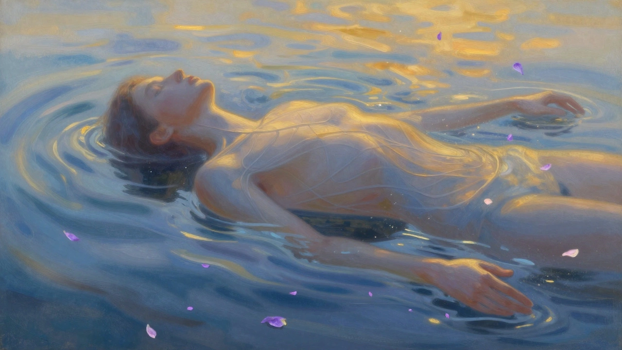 An abstract image of tension melting into calm waves of light and lavender petals around a human form.