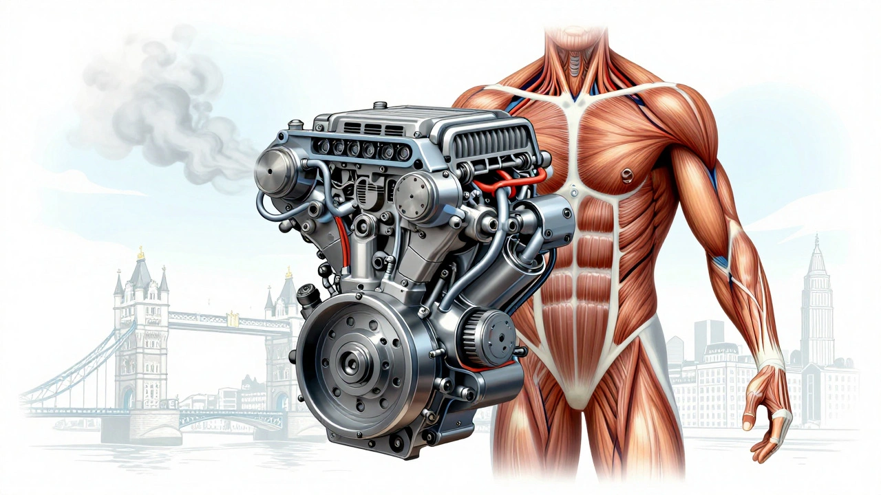 Anatomical illustration of an athlete's body as a mechanical engine, with London landmarks softly visible in the background.
