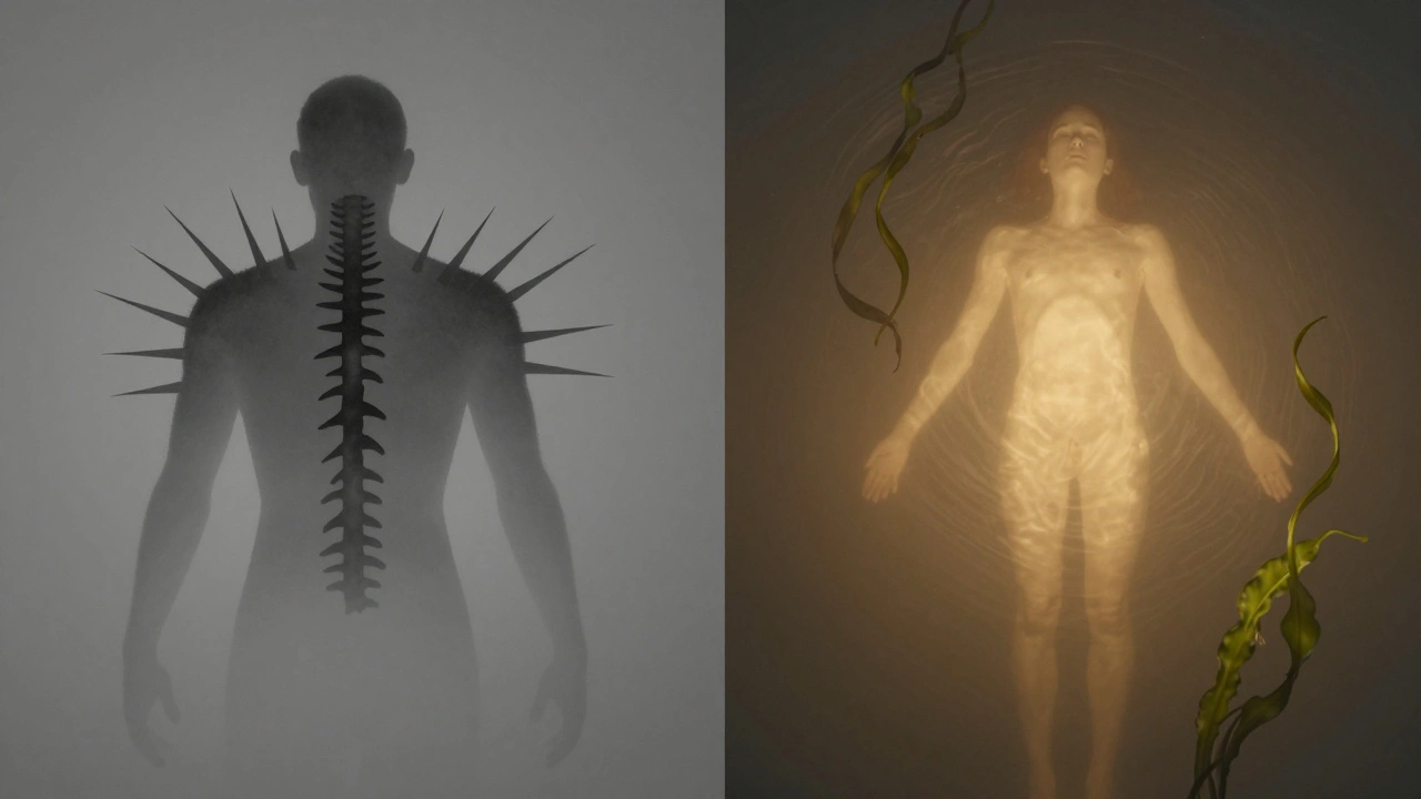 Before and after visual metaphor: tense body with dark lines transforming into a relaxed, glowing figure surrounded by calming water and seaweed.