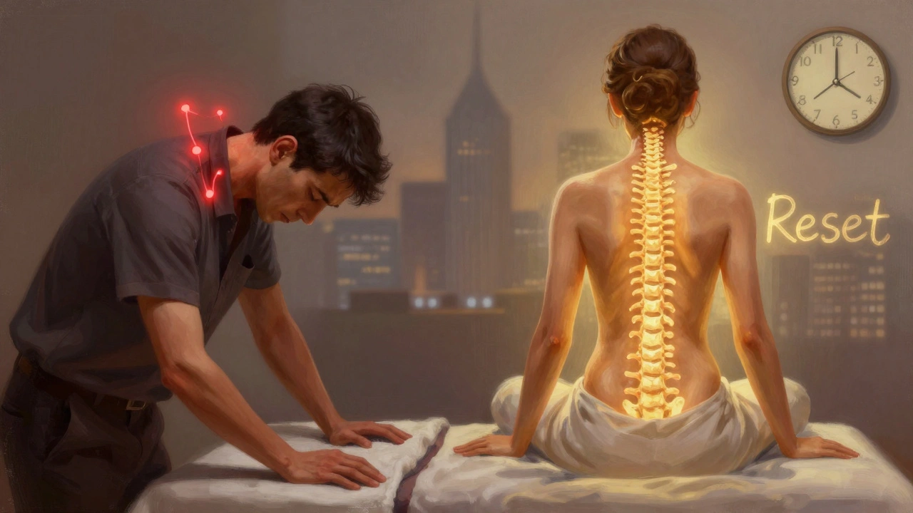 Before and after visual: stressed worker transformed into relaxed, aligned figure after Thai massage with golden light.