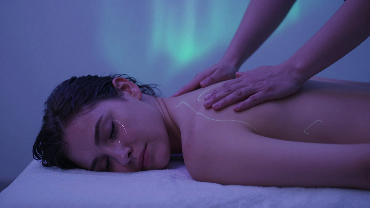 Client crying peacefully during tantric massage, therapist's torso gently rocking, soft blue light, emotional release.