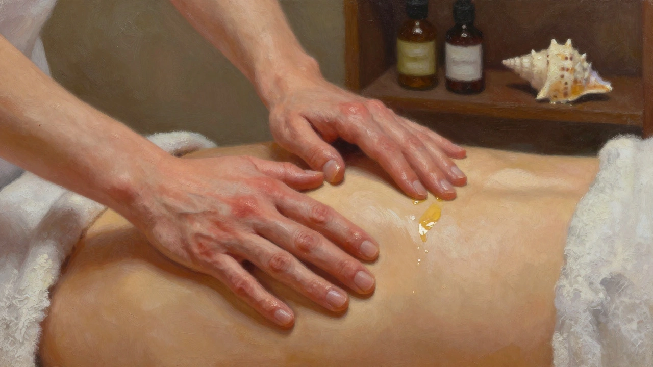 Close-up of caring hands gliding over a shoulder and back, oil catching soft light, towels and seashell in background.